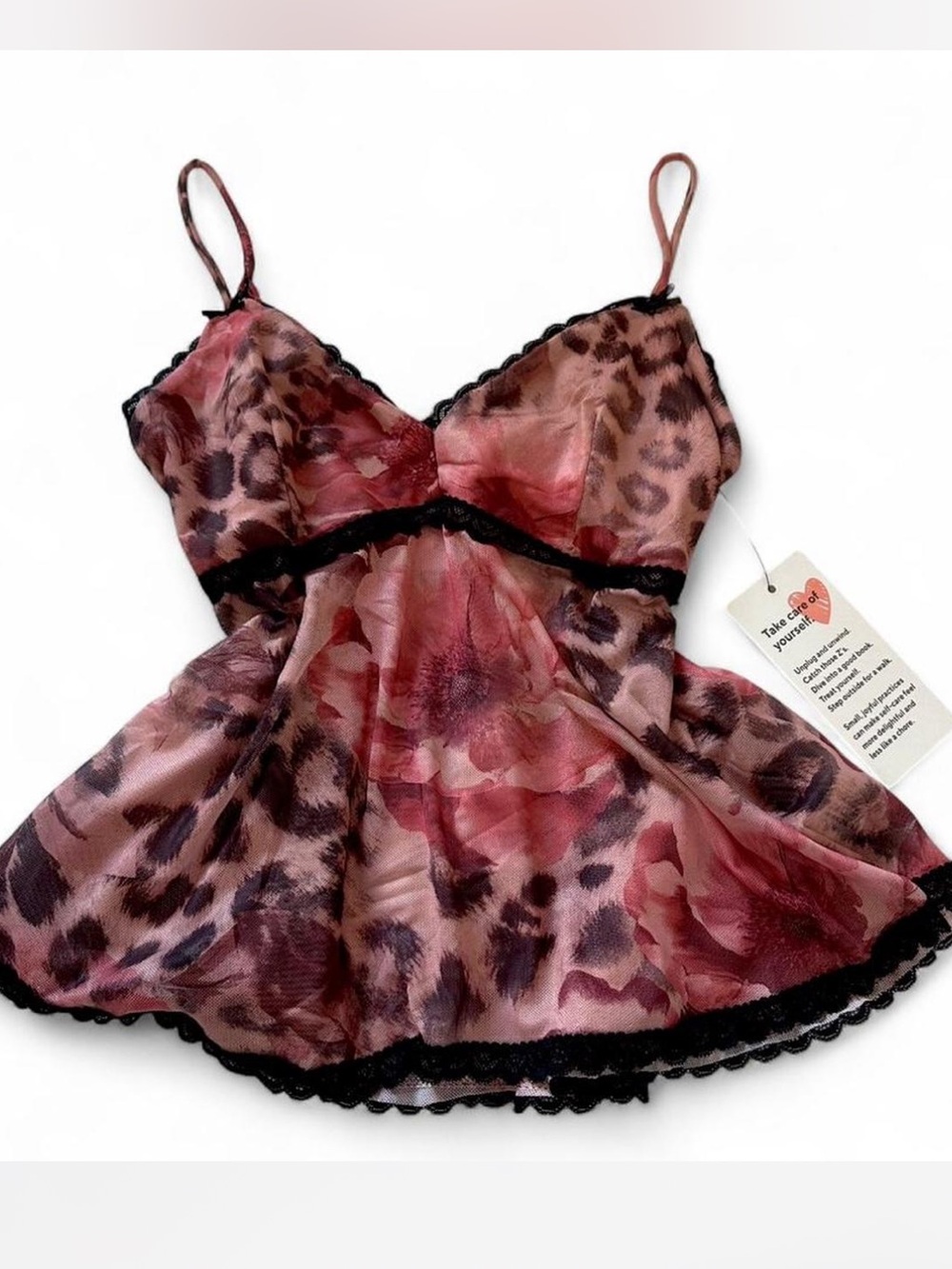Y2K Women's Pink Floral & Leopard Lace Trim Chemise